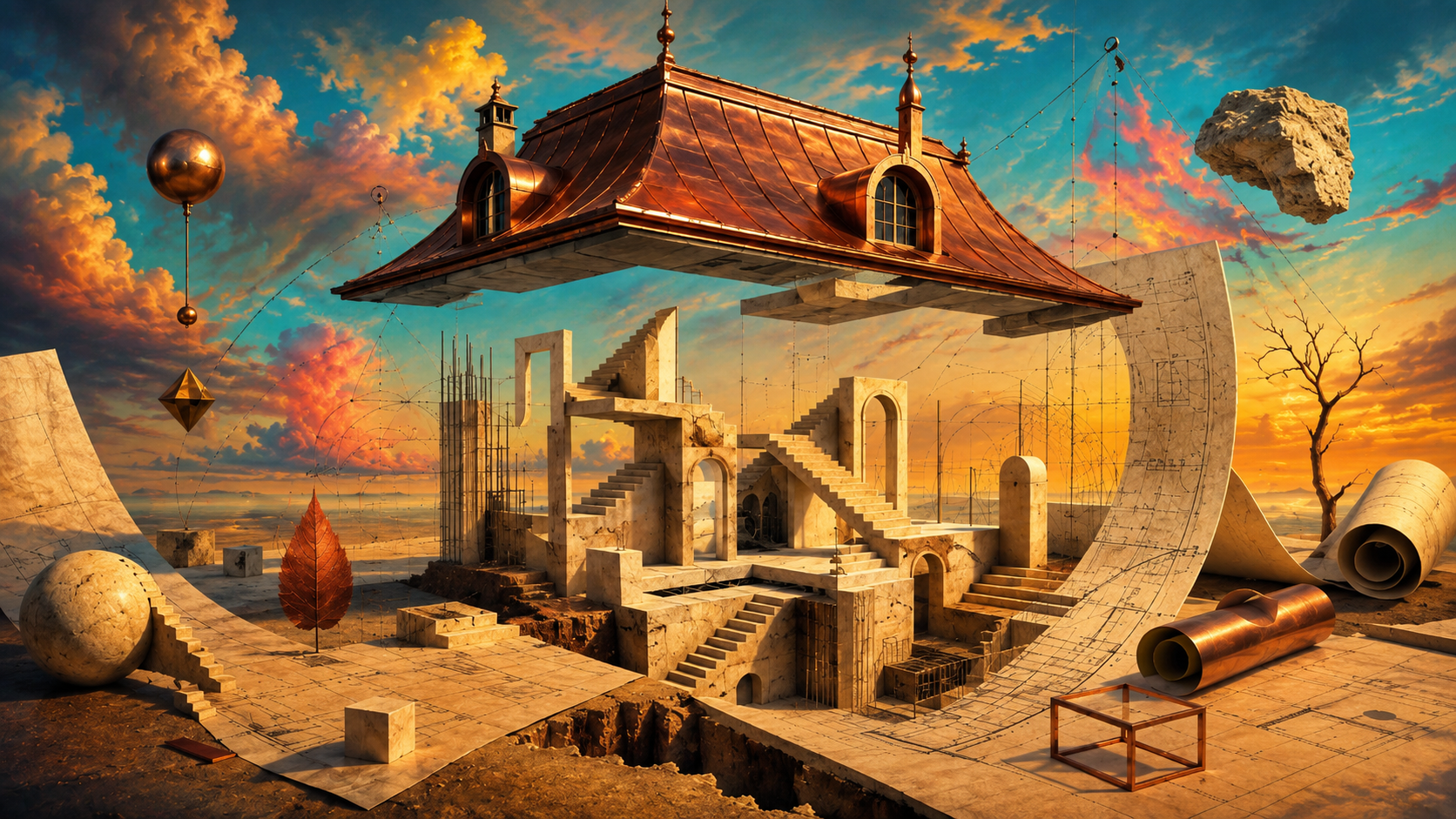 Illustration surréaliste d’un architecte qui commence par les fondations, avec une structure inachevée et un toit suspendu, pour symboliser la préparation d’une prise de parole en public.