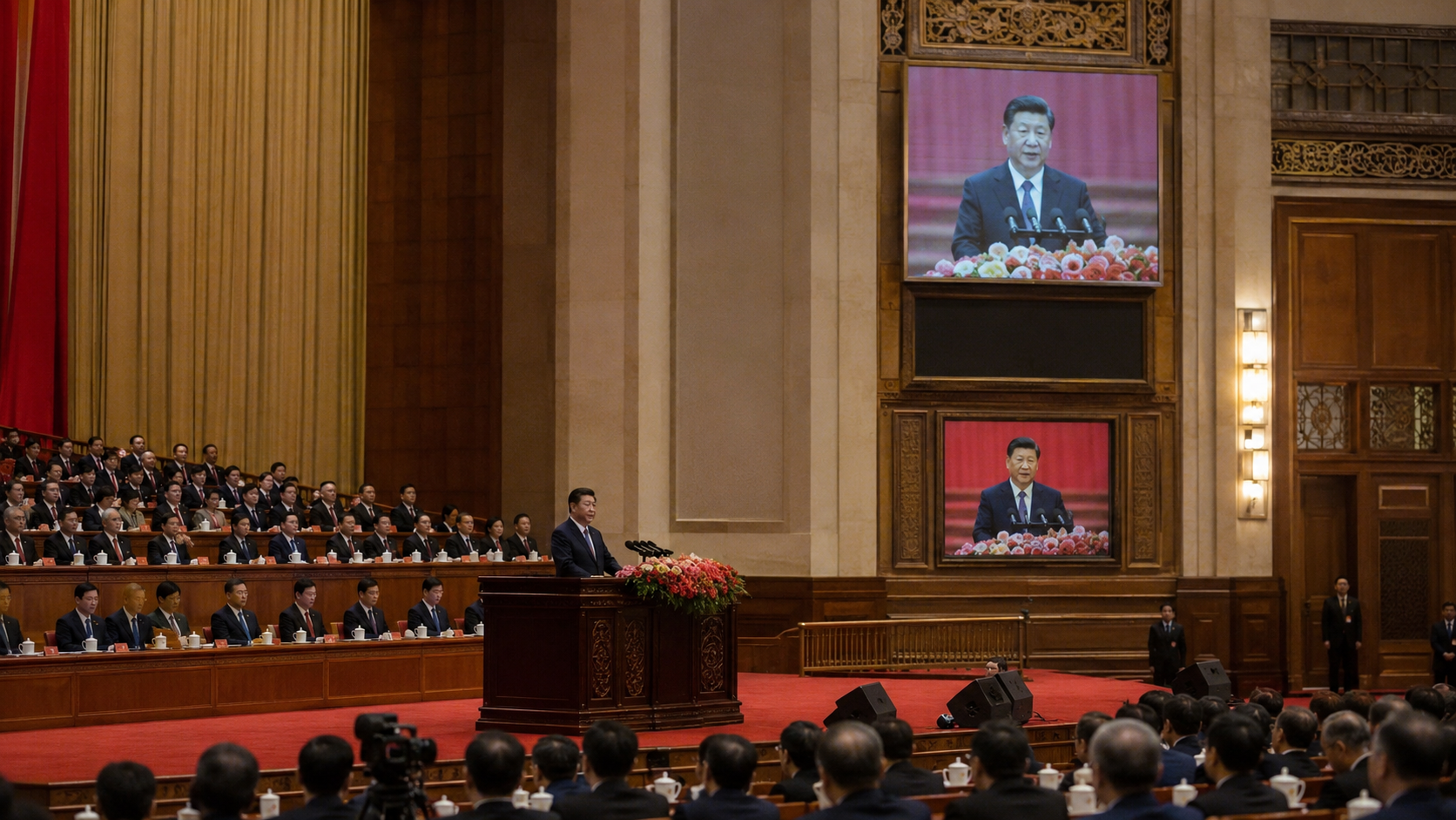Un dirigeant chinois prenant la parole dans un vaste dispositif institutionnel